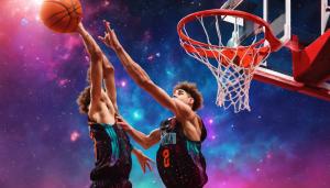 4k quality Lamelo ball dunking the basketball into the hoop. There is a colourful 4k outer space background.