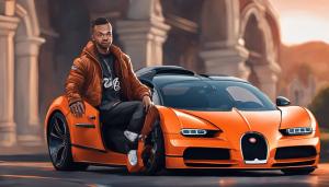 youtuber daz games sitting on his orange bugatti. 4k quality realistic