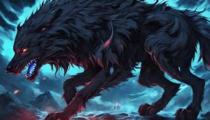 Demon black dire wolf with long fur,blue eyse in a dark Fantasy word