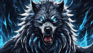 Demon black dire wolf with long fur,blue eyse in a dark Fantasy word