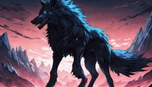 Demon black dire wolf with long fur,blue eyse in a dark Fantasy word