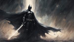 Dark knight wearing a cape, one handing a sword in a dark fantasy