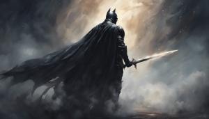 Dark knight wearing a cape, one handing a sword in a dark fantasy