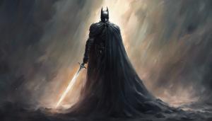 Dark knight wearing a cape, one handing a sword in a dark fantasy