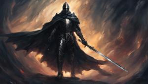 Black knight in a dark fantasy wearing a cape and one handing a sword