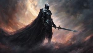 Black knight in a dark fantasy wearing a cape and one handing a sword