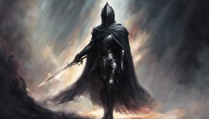 Black knight in a dark fantasy wearing a cape and one handing a sword