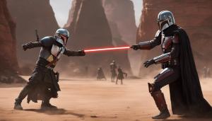 The Mandalorian meets a Sith lord and fights with him, grogu in the background