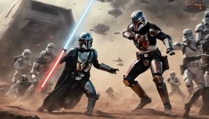 The mandalorian fight against darth vader and stormtroopers