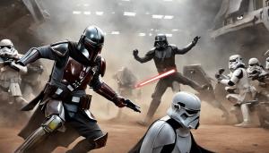 The mandalorian fight against darth vader and stormtroopers