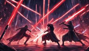 an intense sith lightsaber battle