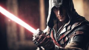 Assassin's creed 3 connor holding a long lightsaber