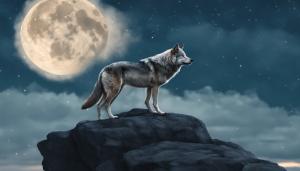 Wolf standing on cliff with a blue moon background 