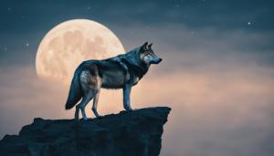 Wolf standing on cliff with a blue moon background 