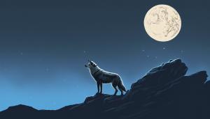 Wolf standing on cliff with a blue moon background 