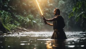 Ray emerging from river in jungle at night with a gold light saber 