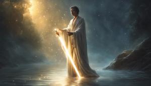 Ray emerging from river at night holding a gold lightsaber 