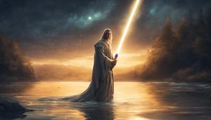 Ray emerging from river at night holding a gold lightsaber 