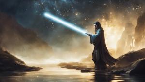 Ray emerging from river at night holding a gold lightsaber 