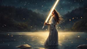 Beautiful girl emerging from river at night under the stars holding a gold lightsaber 