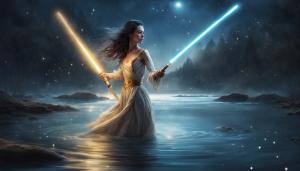 Beautiful girl emerging from river at night under the stars holding a gold lightsaber 