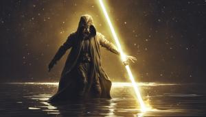 Ray emerging from river at night with a golden lightsaber 