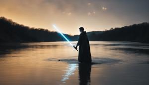 Ray emerging from river at night with a golden lightsaber 