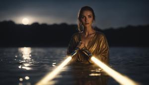 Beautiful girl emerging from river at night under the stars holding a gold lightsaber 