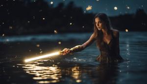 Beautiful girl emerging from river at night under the stars holding a gold lightsaber 