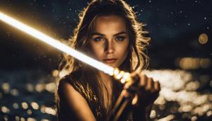 Beautiful girl emerging from river at night under the stars holding a gold lightsaber 