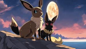 Pokemon eevee and umbreon sitting in front of the moon on a cliff edge