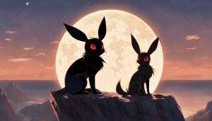 Pokemon eevee and umbreon sitting in front of the moon on a cliff edge