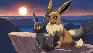 Pokemon eevee and umbreon sitting in front of the moon on a cliff edge