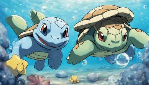 Pokemon squrtle and blastoise swimming along the ocean floor with bubbles 