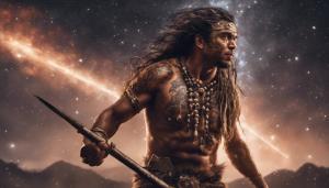 Polynesian warrior walking through meteor shower, perfect detail, high definition 