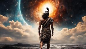 Polynesian warrior walking towards breathtaking space and black hole, perfect picture, high definition