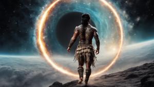 Polynesian warrior walking towards breathtaking space and black hole, perfect picture, high definition