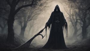 Grim reaper in a dark fantasy with a two handed scythe