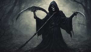 Grim reaper in a dark fantasy with a two handed scythe