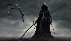 Grim reaper in a dark fantasy with a two handed scythe