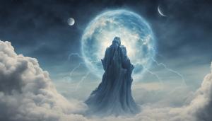 Giant celestial being with blue vapour surrounding it destroying the moon