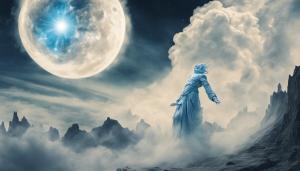 Giant celestial being with blue vapour surrounding it destroying the moon