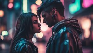  cyberpunk boyfriend protecting ddlg girlfriend standing in cyberpunk city