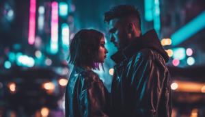  cyberpunk boyfriend protecting ddlg girlfriend standing in cyberpunk city