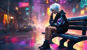 Crazy flashes of light threw the sky, cyber punk city night, grafitti on walls, cute girl with silver hair sitting down on a bench.