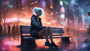 Crazy flashes of light threw the sky, cyber punk city night, grafitti on walls, cute girl with silver hair sitting down on a bench.