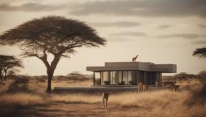 use Licence free artwork create African savanna, with wild cats roaming free in the background. In the foreground exterior of modern villa.