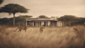 use Licence free artwork create African savanna, with wild cats roaming free in the background. In the foreground exterior of modern villa.