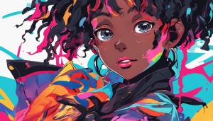 black anime character with colorful background