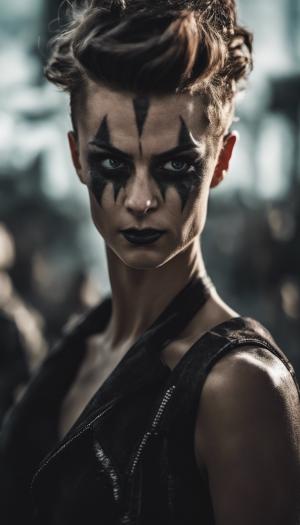 an enraged women with a fauxhawk, staring forward with a maniacal smirk and one eyebrow raised while a demon made of shadows , with dark, intese eyes, towers behind her as if protecting her